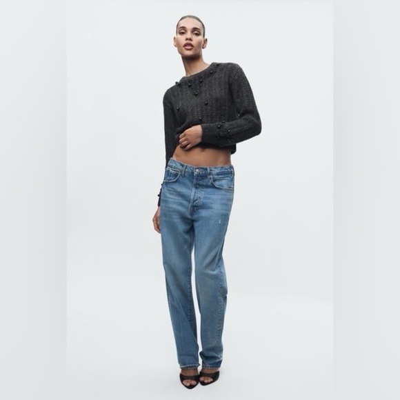 Zara Charcoal Beaded Crew Neck Sweater - Picture 3 of 4